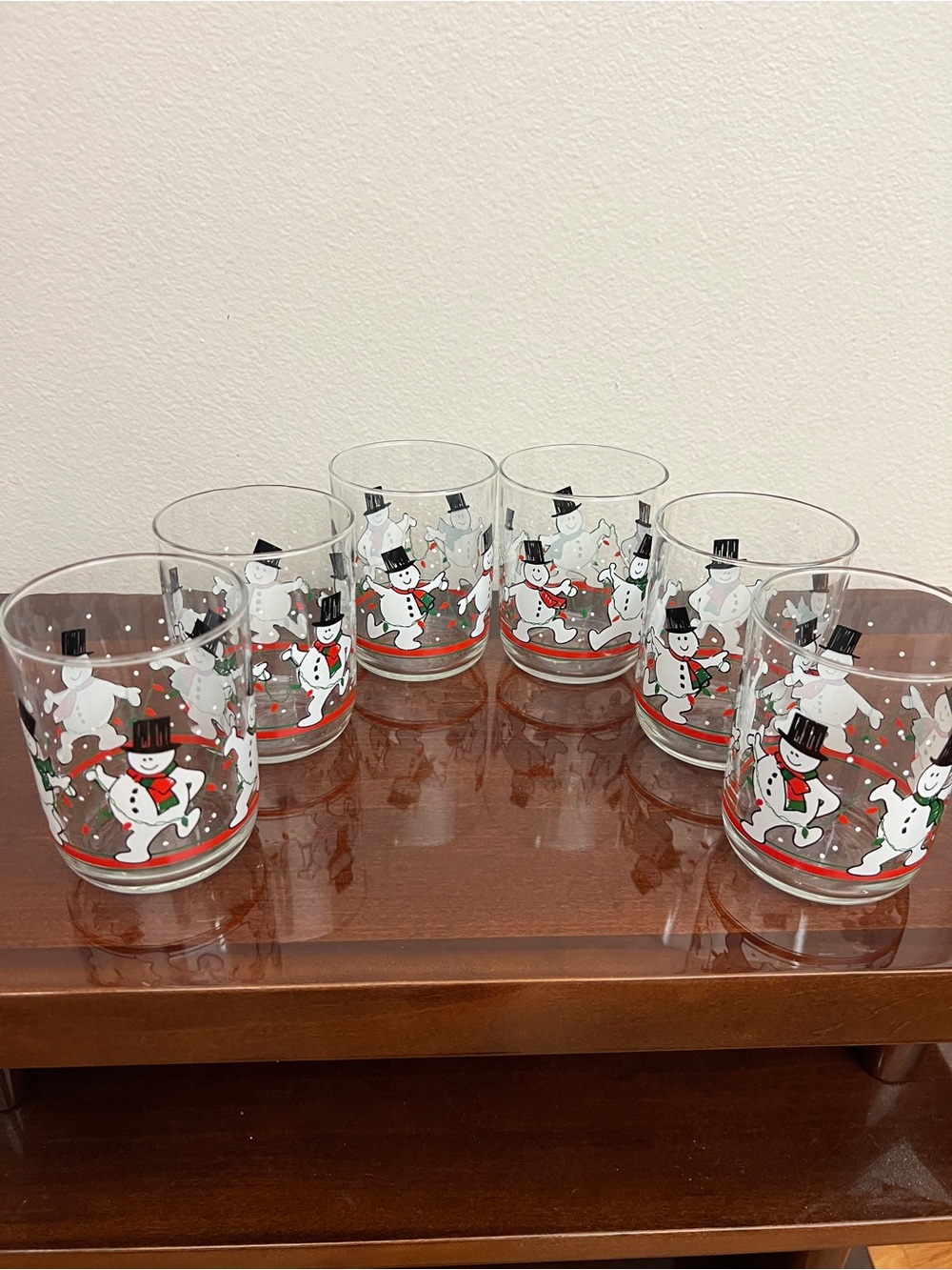 6 Libbey “Dancing Snowman”  Holiday Glass Tumblers in White, Black, Red, Green